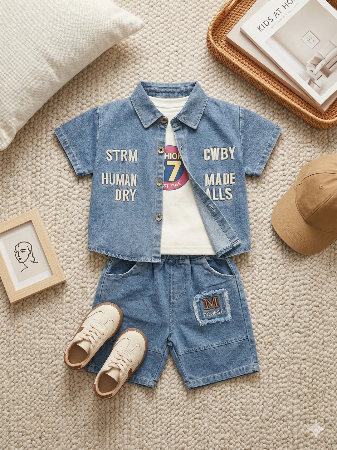Boys’ 3-Piece Denim Shirt, Printed T-Shirt & Shorts Set